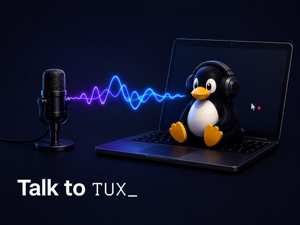 A Talk-to-Tux desktop scene with a Linux penguin and voice workflow interface